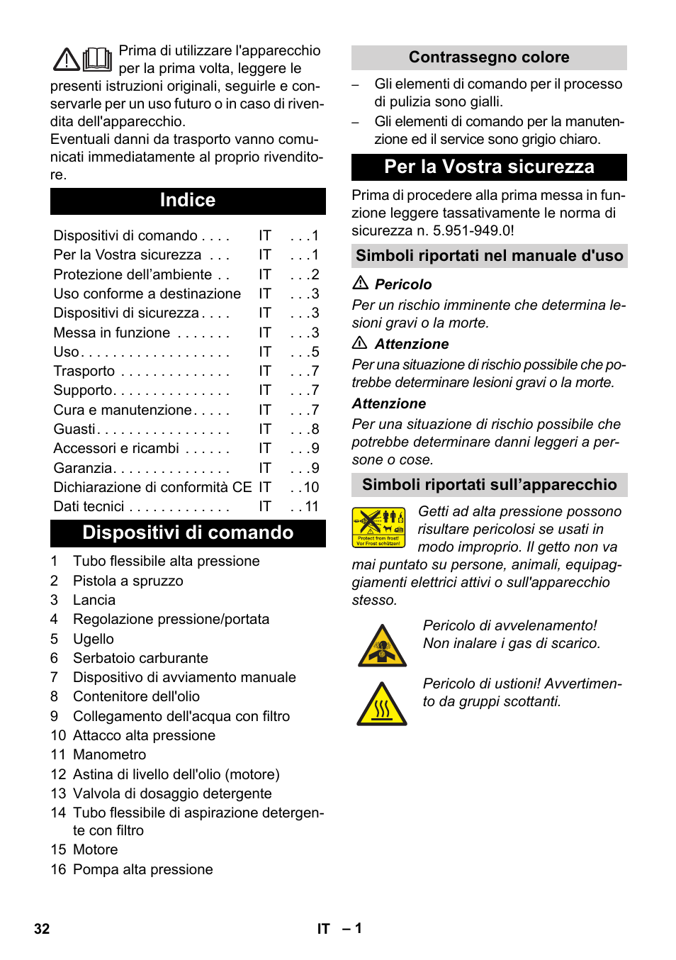 Italiano, Indice, Dispositivi di comando | Per la vostra sicurezza | Karcher HD 1040 B Cage User Manual | Page 32 / 264