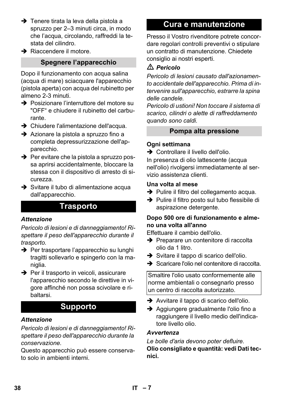 Trasporto supporto cura e manutenzione | Karcher HD 1040 B Cage User Manual | Page 38 / 264