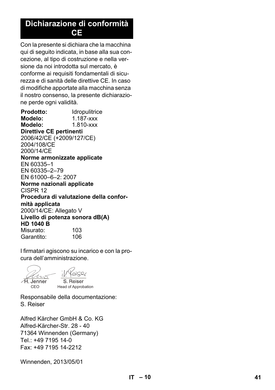 Dichiarazione di conformità ce | Karcher HD 1040 B Cage User Manual | Page 41 / 264