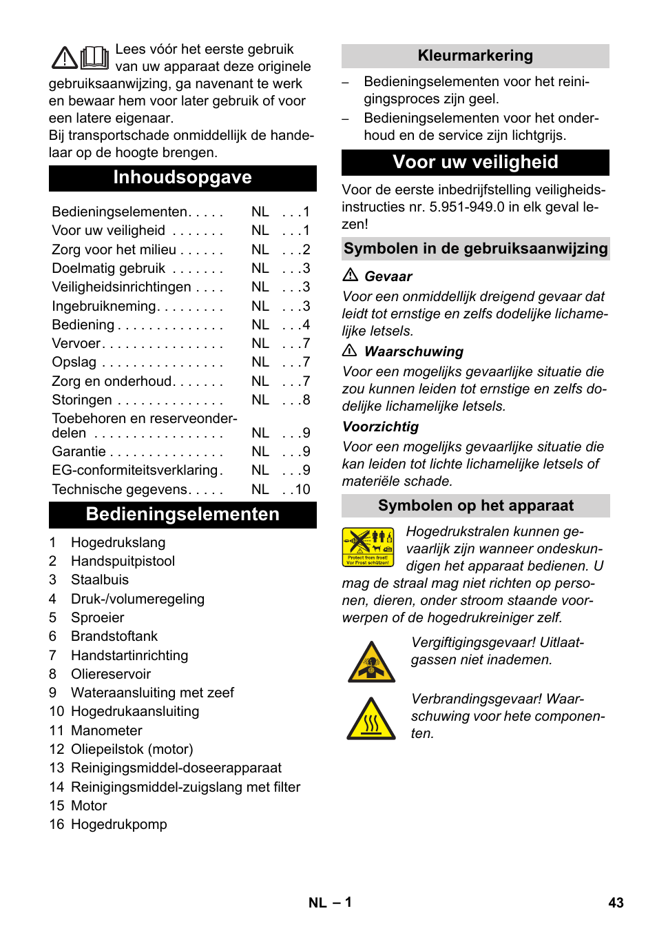 Nederlands, Inhoudsopgave, Bedieningselementen | Voor uw veiligheid | Karcher HD 1040 B Cage User Manual | Page 43 / 264