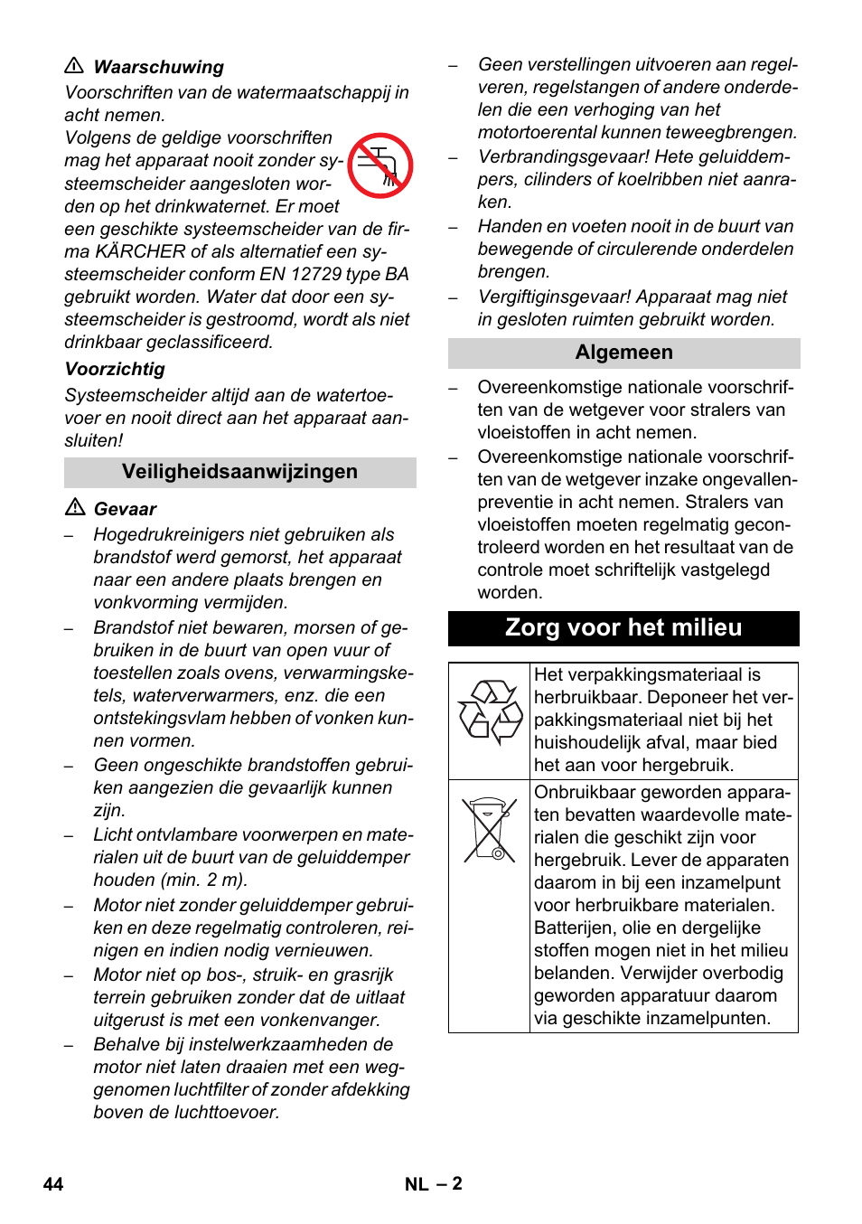 Zorg voor het milieu | Karcher HD 1040 B Cage User Manual | Page 44 / 264