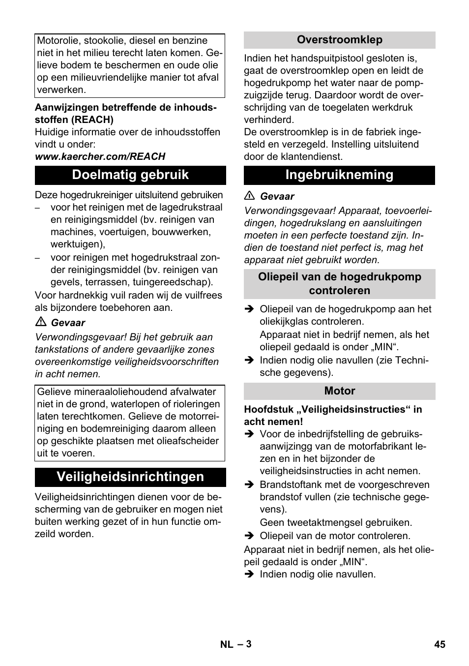 Doelmatig gebruik, Veiligheidsinrichtingen, Ingebruikneming | Karcher HD 1040 B Cage User Manual | Page 45 / 264