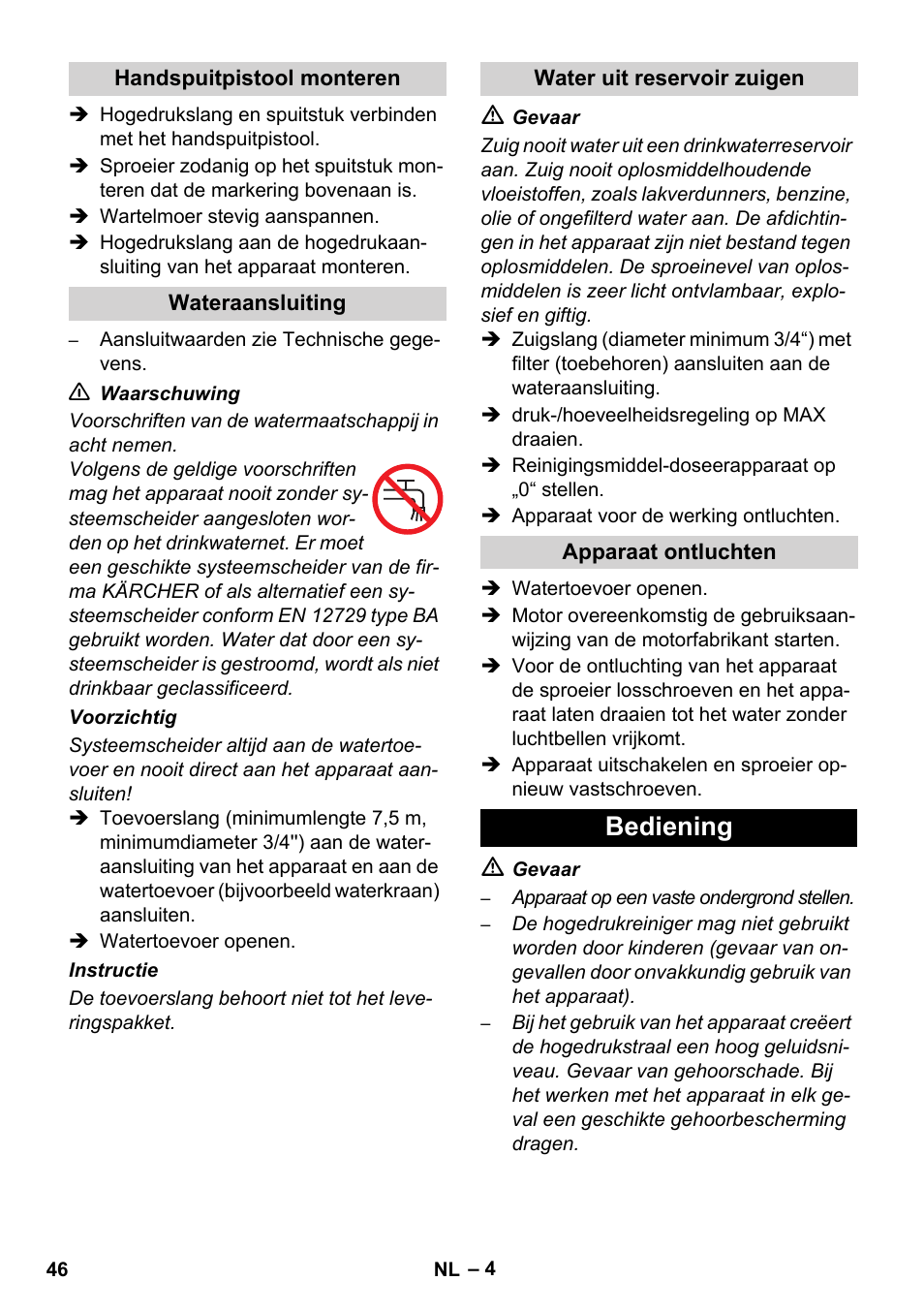 Bediening | Karcher HD 1040 B Cage User Manual | Page 46 / 264