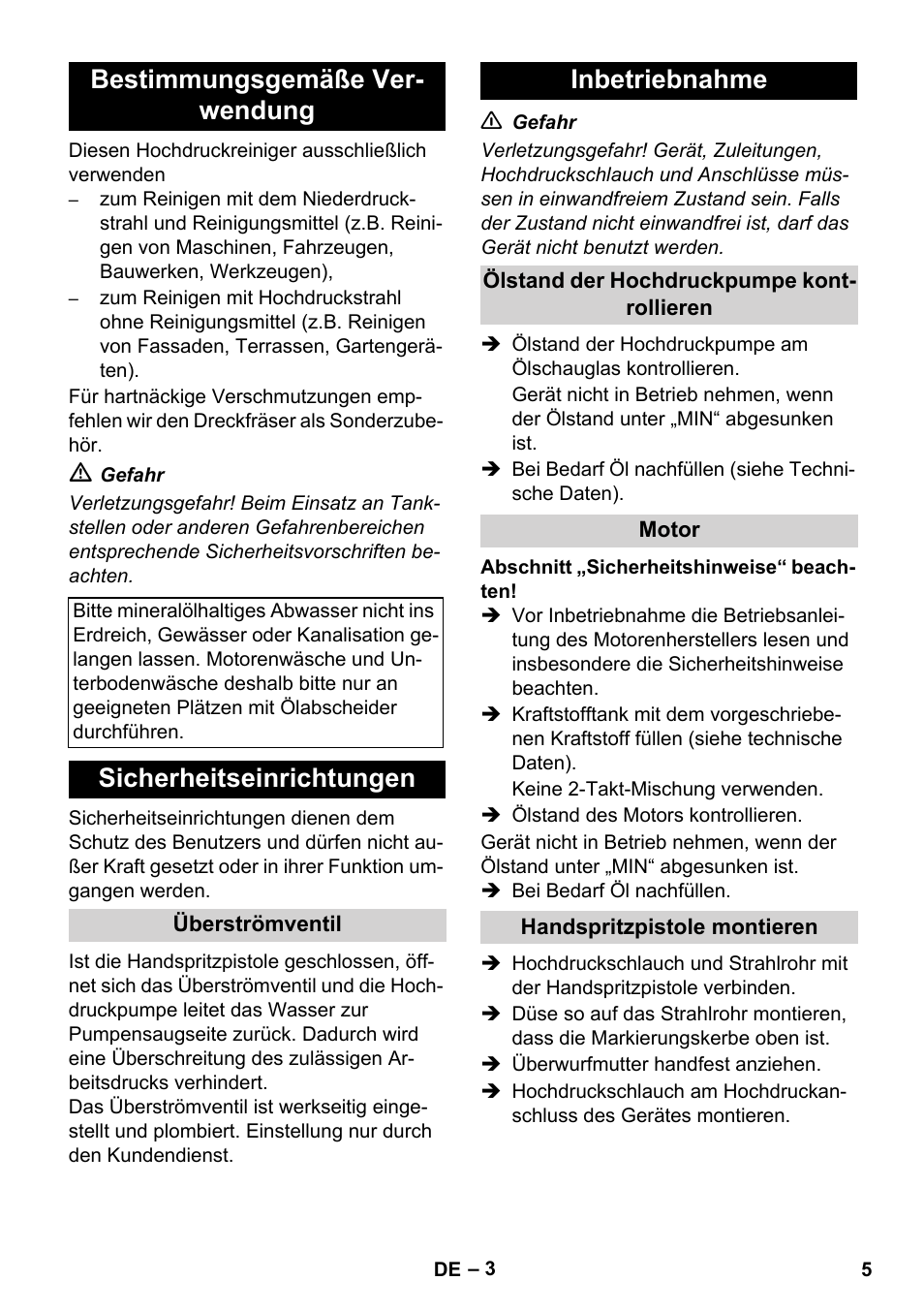 Bestimmungsgemäße ver- wendung, Sicherheitseinrichtungen, Inbetriebnahme | Karcher HD 1040 B Cage User Manual | Page 5 / 264