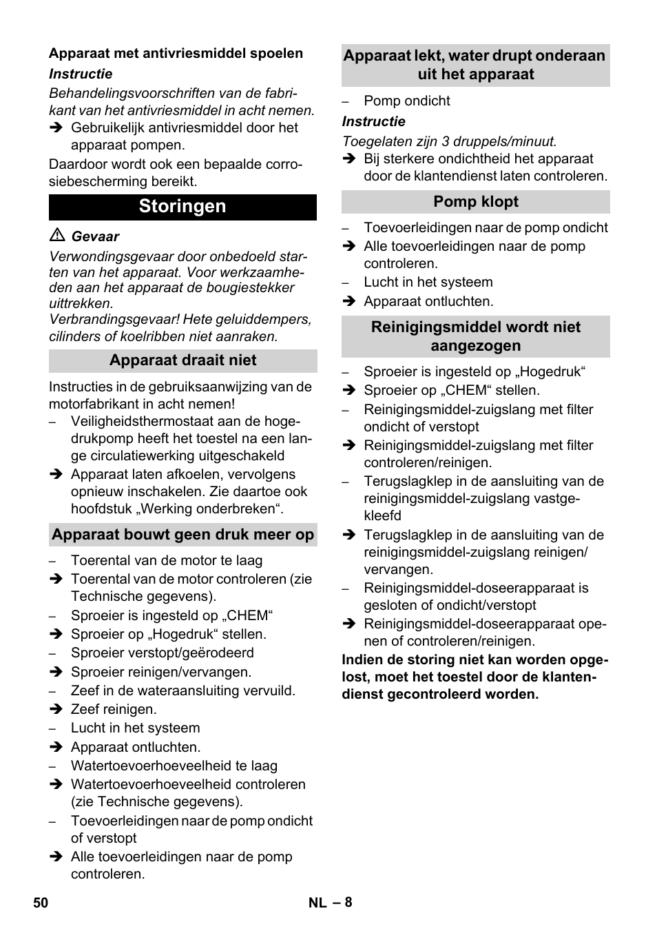 Storingen | Karcher HD 1040 B Cage User Manual | Page 50 / 264