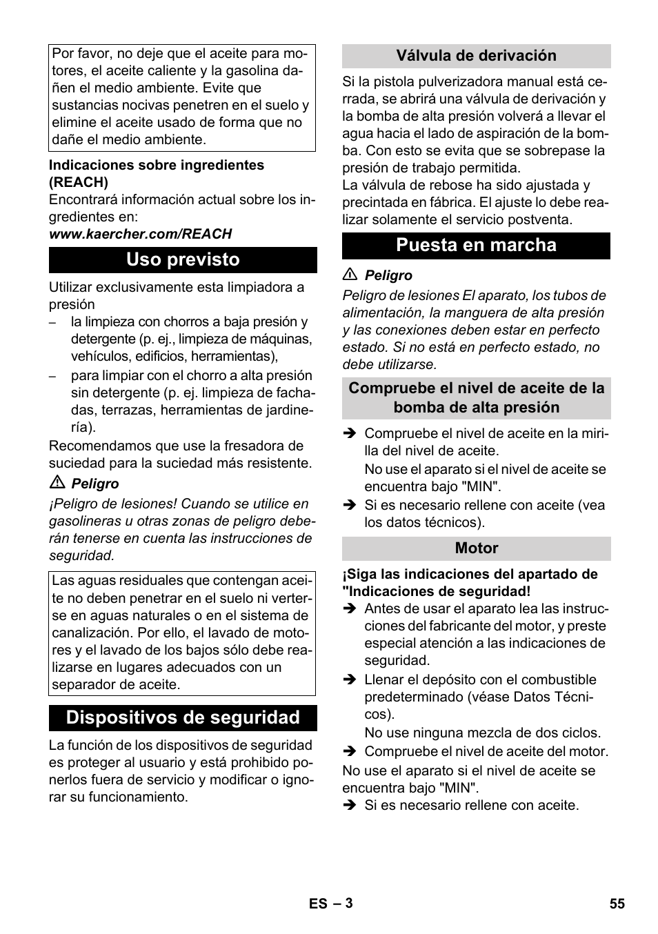 Uso previsto, Dispositivos de seguridad, Puesta en marcha | Karcher HD 1040 B Cage User Manual | Page 55 / 264