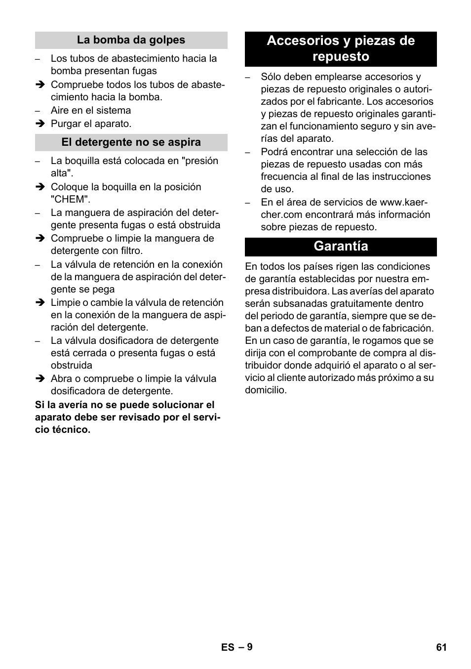 Accesorios y piezas de repuesto garantía | Karcher HD 1040 B Cage User Manual | Page 61 / 264