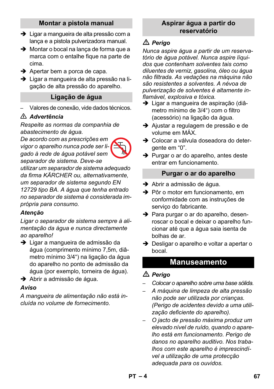 Manuseamento | Karcher HD 1040 B Cage User Manual | Page 67 / 264