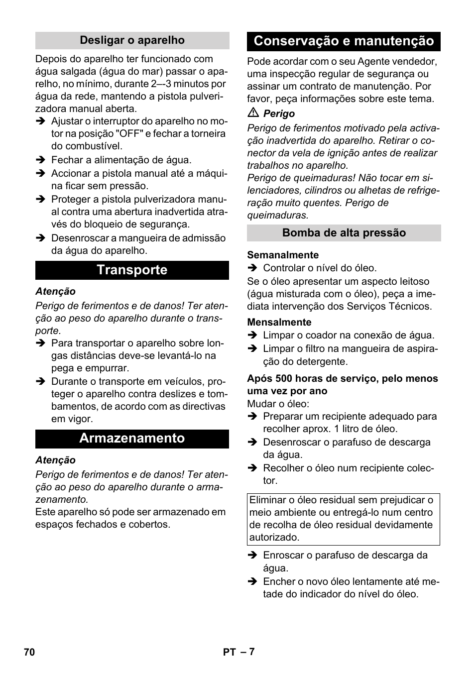 Transporte armazenamento conservação e manutenção | Karcher HD 1040 B Cage User Manual | Page 70 / 264