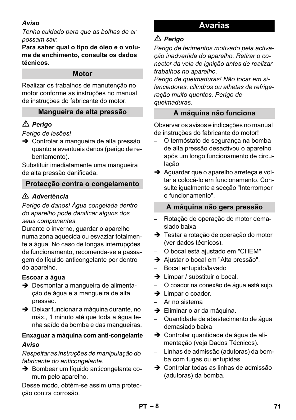 Avarias | Karcher HD 1040 B Cage User Manual | Page 71 / 264