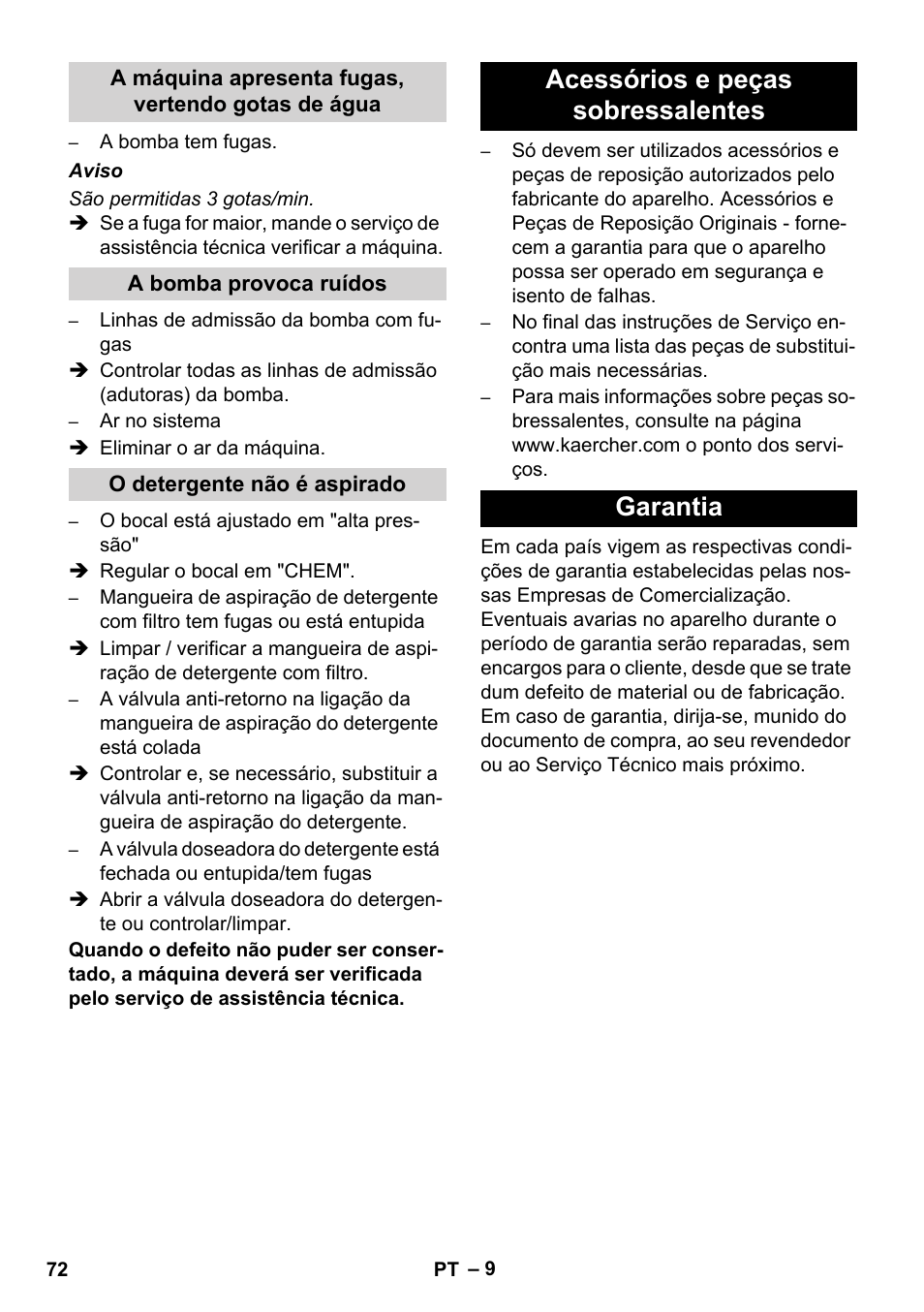 Acessórios e peças sobressalentes garantia | Karcher HD 1040 B Cage User Manual | Page 72 / 264