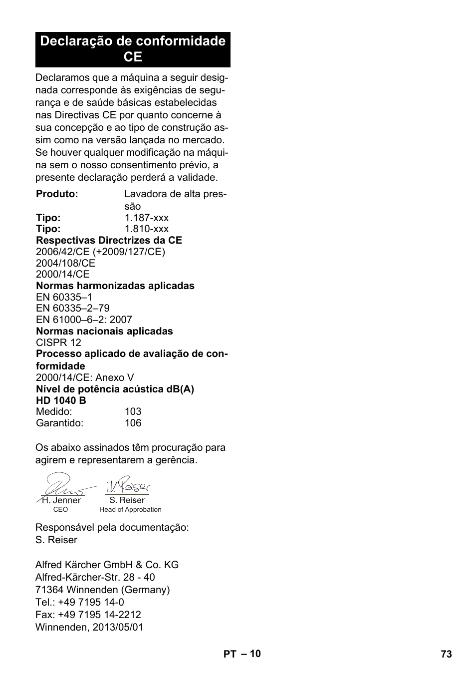 Declaração de conformidade ce | Karcher HD 1040 B Cage User Manual | Page 73 / 264