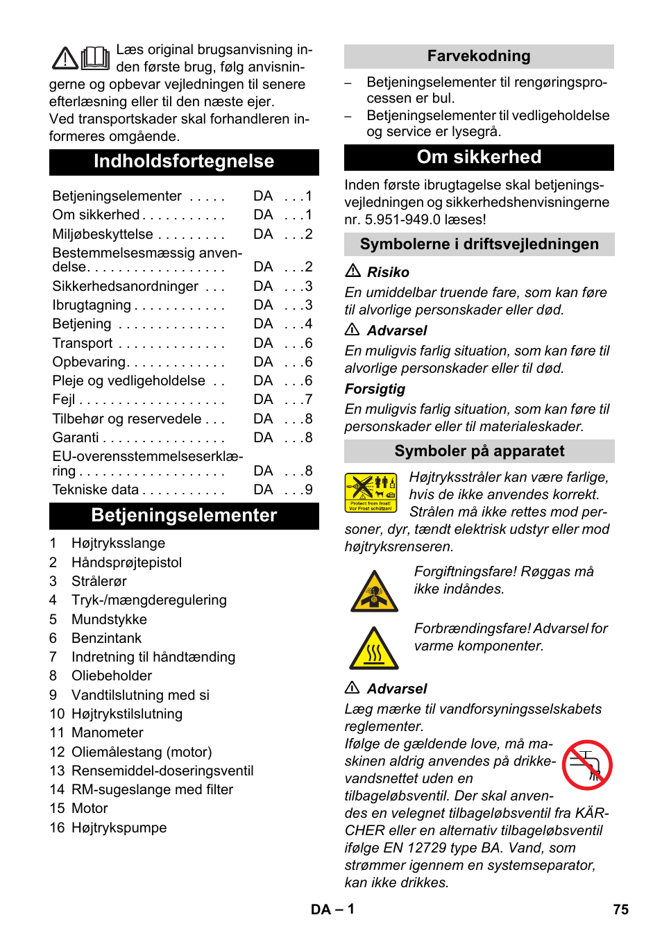 Dansk, Indholdsfortegnelse, Betjeningselementer | Om sikkerhed | Karcher HD 1040 B Cage User Manual | Page 75 / 264