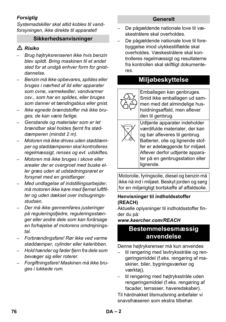 Miljøbeskyttelse, Bestemmelsesmæssig anvendelse | Karcher HD 1040 B Cage User Manual | Page 76 / 264