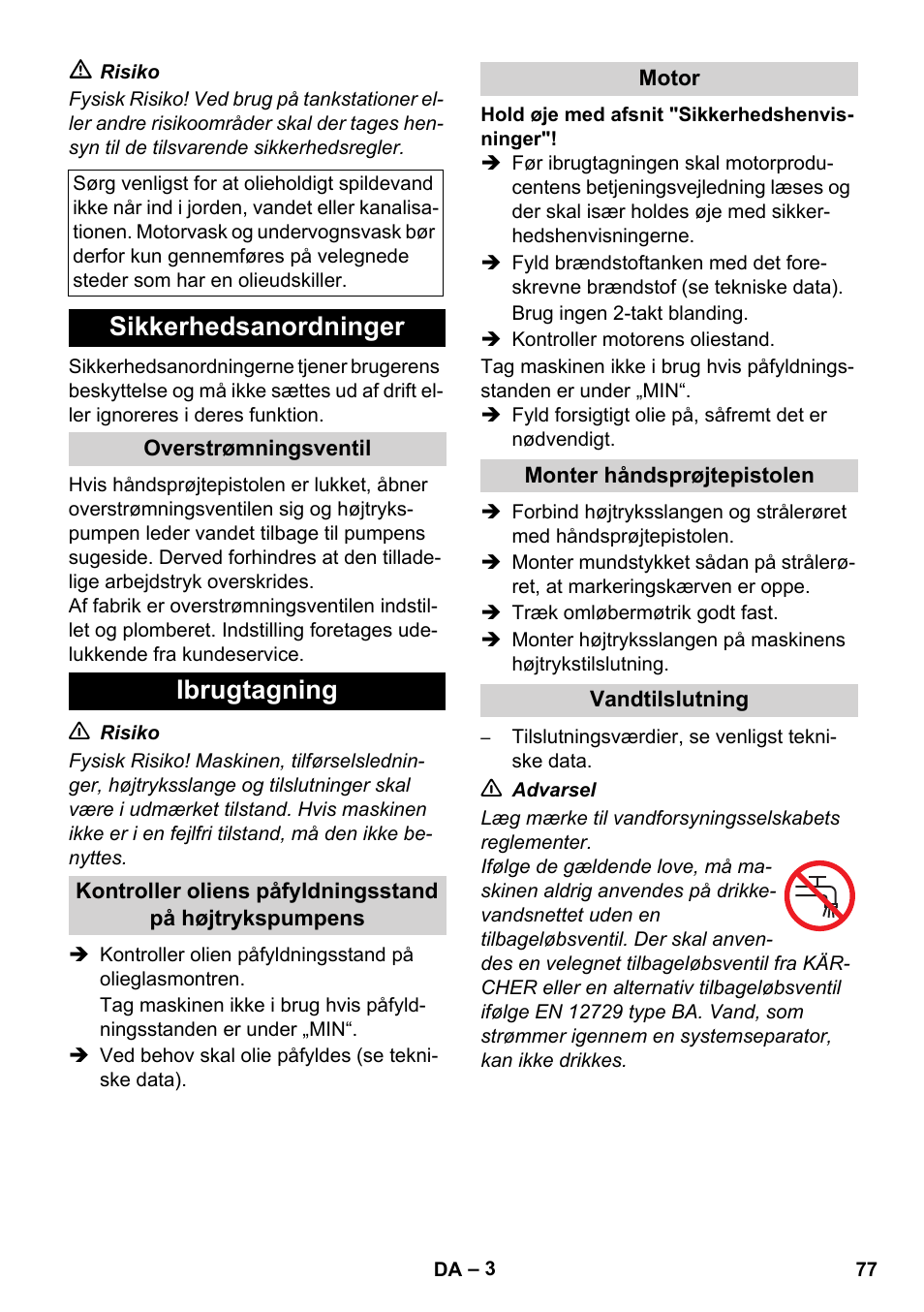 Sikkerhedsanordninger, Ibrugtagning | Karcher HD 1040 B Cage User Manual | Page 77 / 264