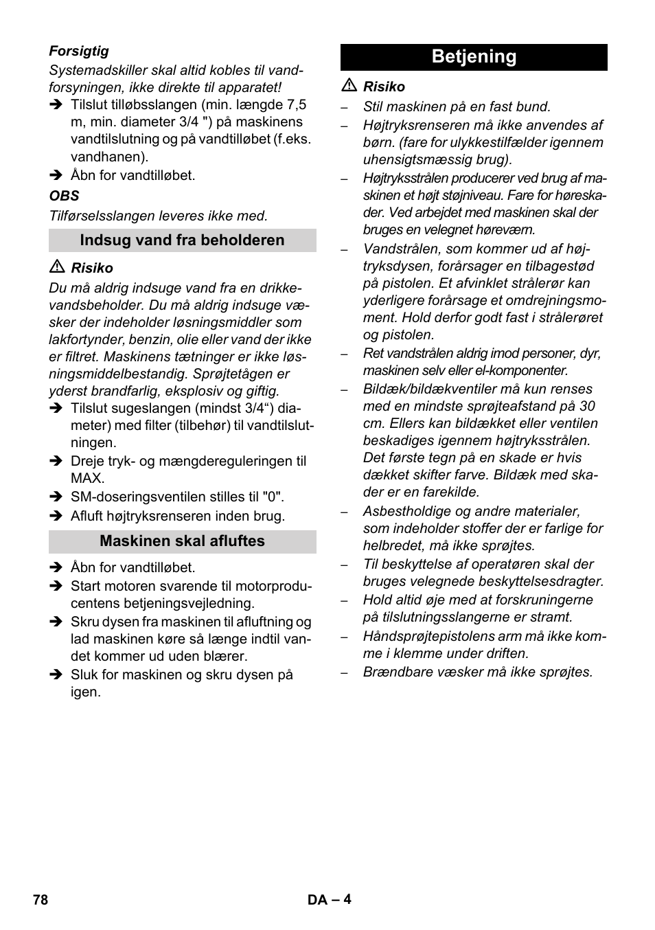 Betjening | Karcher HD 1040 B Cage User Manual | Page 78 / 264