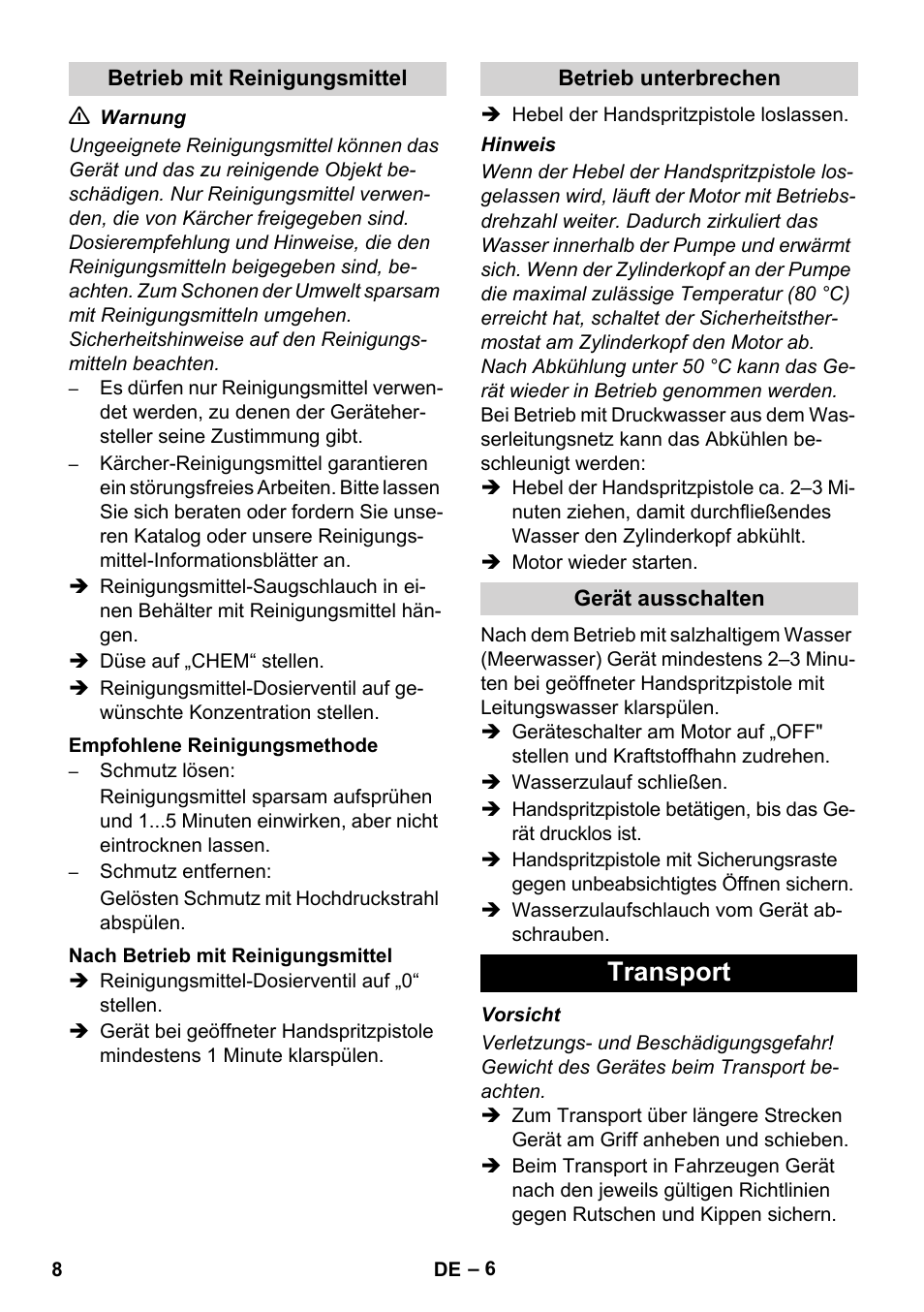 Transport | Karcher HD 1040 B Cage User Manual | Page 8 / 264