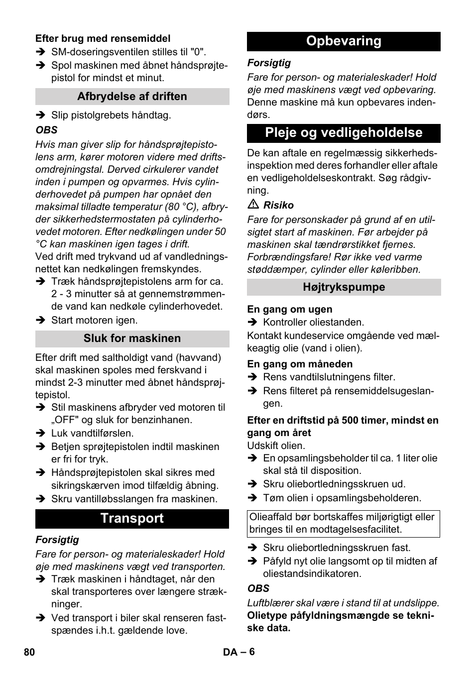 Transport opbevaring pleje og vedligeholdelse | Karcher HD 1040 B Cage User Manual | Page 80 / 264