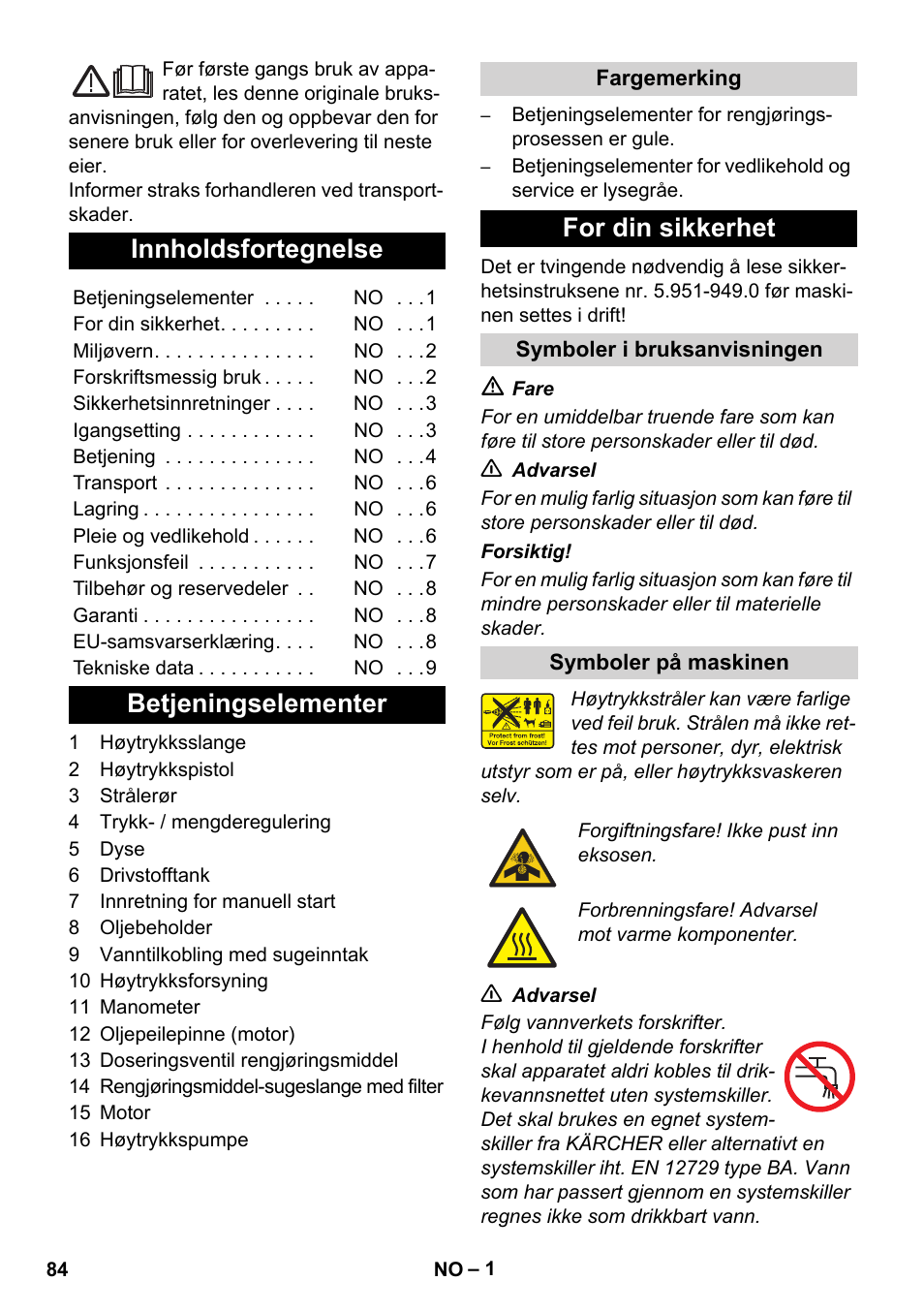 Norsk, Innholdsfortegnelse, Betjeningselementer | For din sikkerhet | Karcher HD 1040 B Cage User Manual | Page 84 / 264