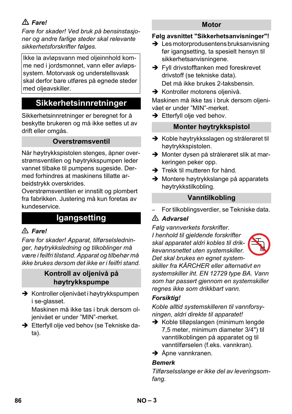 Sikkerhetsinnretninger, Igangsetting | Karcher HD 1040 B Cage User Manual | Page 86 / 264