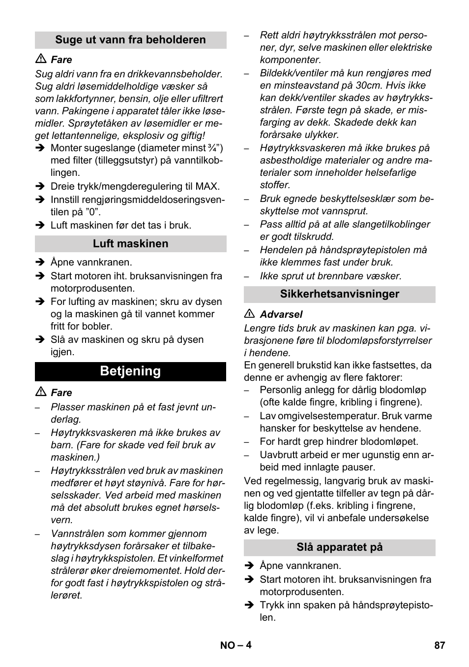 Betjening | Karcher HD 1040 B Cage User Manual | Page 87 / 264