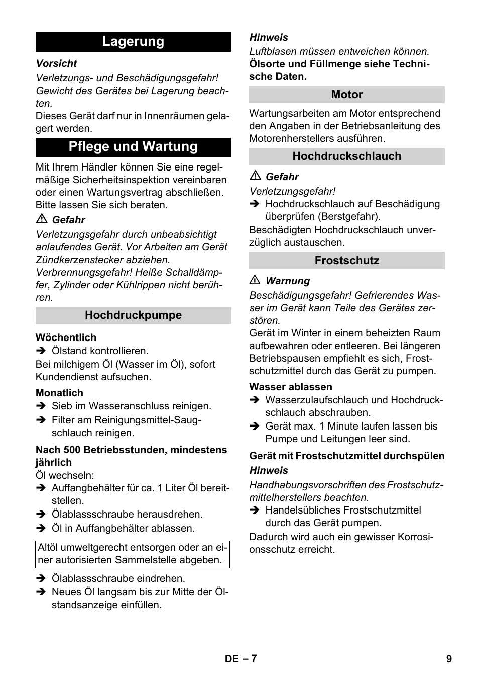 Lagerung pflege und wartung | Karcher HD 1040 B Cage User Manual | Page 9 / 264