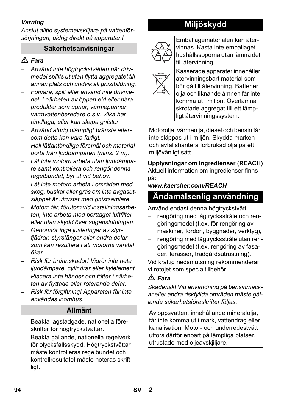 Miljöskydd, Ändamålsenlig användning | Karcher HD 1040 B Cage User Manual | Page 94 / 264