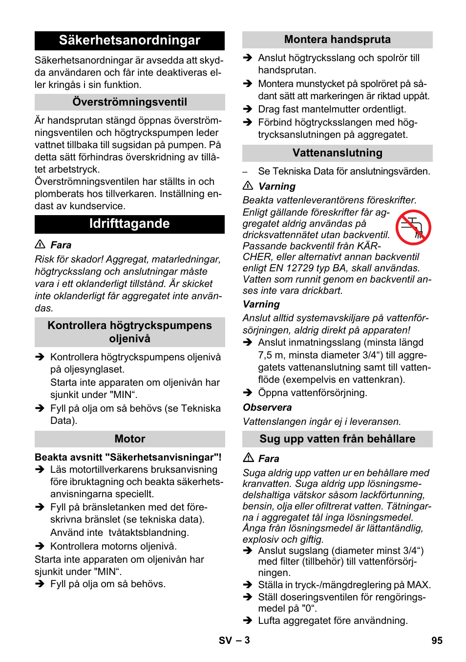 Säkerhetsanordningar, Idrifttagande | Karcher HD 1040 B Cage User Manual | Page 95 / 264