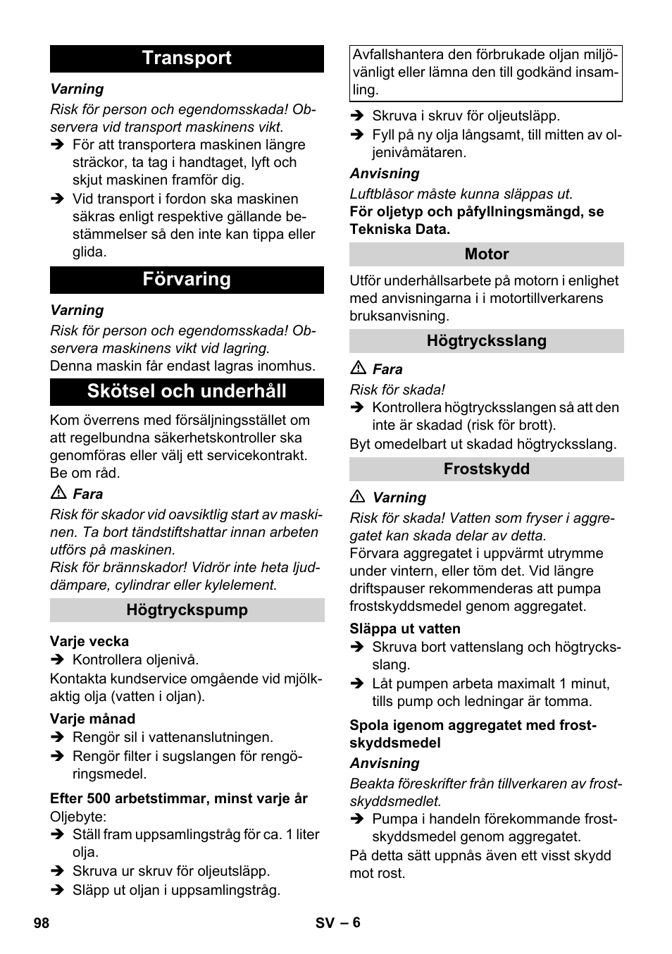 Transport förvaring skötsel och underhåll | Karcher HD 1040 B Cage User Manual | Page 98 / 264