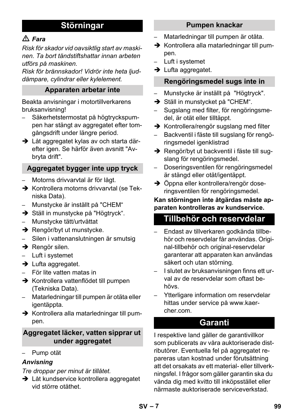 Störningar, Tillbehör och reservdelar garanti | Karcher HD 1040 B Cage User Manual | Page 99 / 264