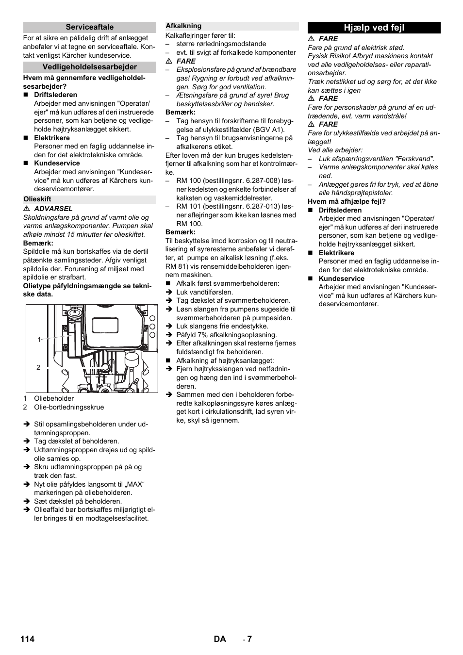 Serviceaftale, Vedligeholdelsesarbejder, Olieskift | Afkalkning, Hjælp ved fejl | Karcher HD 9-18-4 ST User Manual | Page 114 / 172