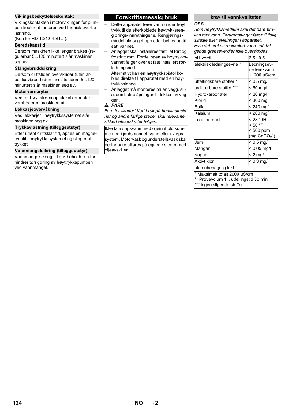 Viklingsbeskyttelseskontakt, Beredskapstid, Slangebruddsikring | Motorvernbryter, Lekkasjeovervåkning, Trykkavlastning (tilleggsutstyr), Vannmangelsikring (tilleggsutstyr), Forskriftsmessig bruk, Krav til vannkvaliteten | Karcher HD 9-18-4 ST User Manual | Page 124 / 172