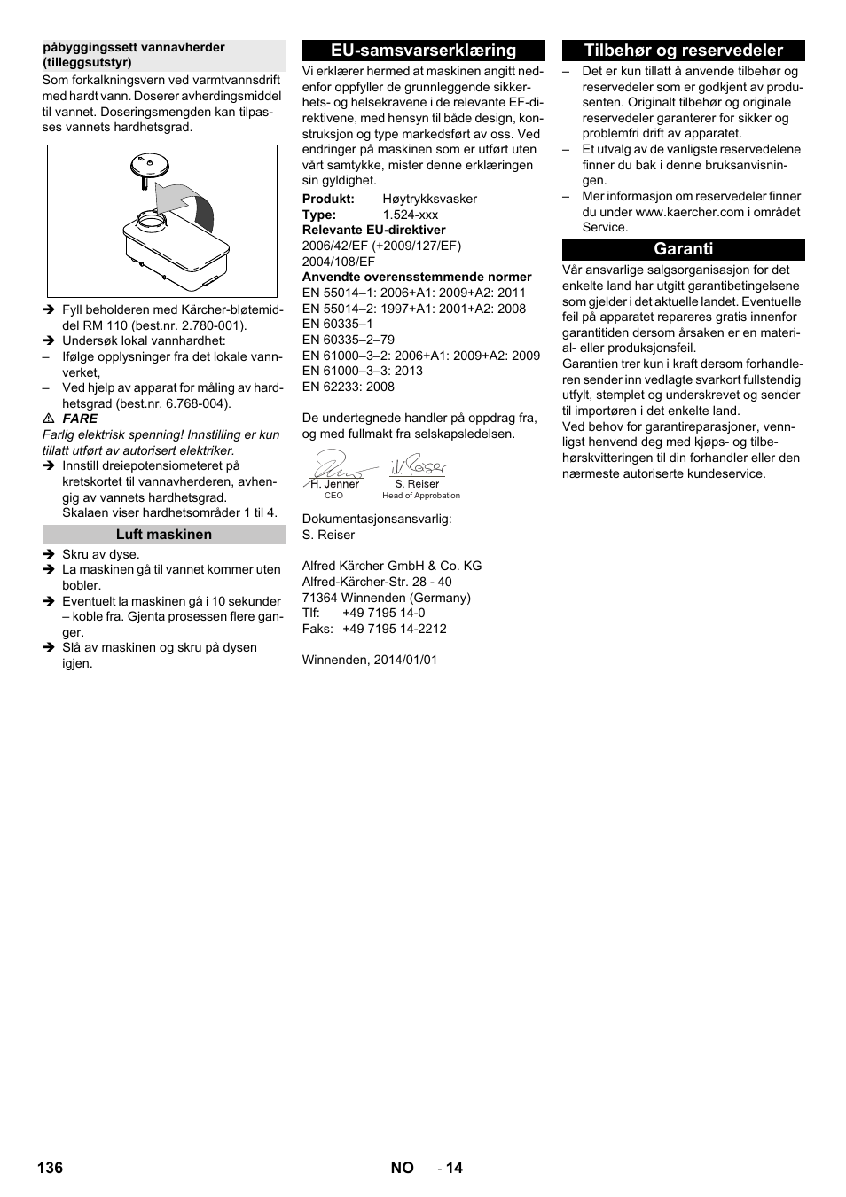 Påbyggingssett vannavherder (tilleggsutstyr), Luft maskinen, Eu-samsvarserklæring | Tilbehør og reservedeler, Garanti, Tilbehør og reservedeler garanti | Karcher HD 9-18-4 ST User Manual | Page 136 / 172