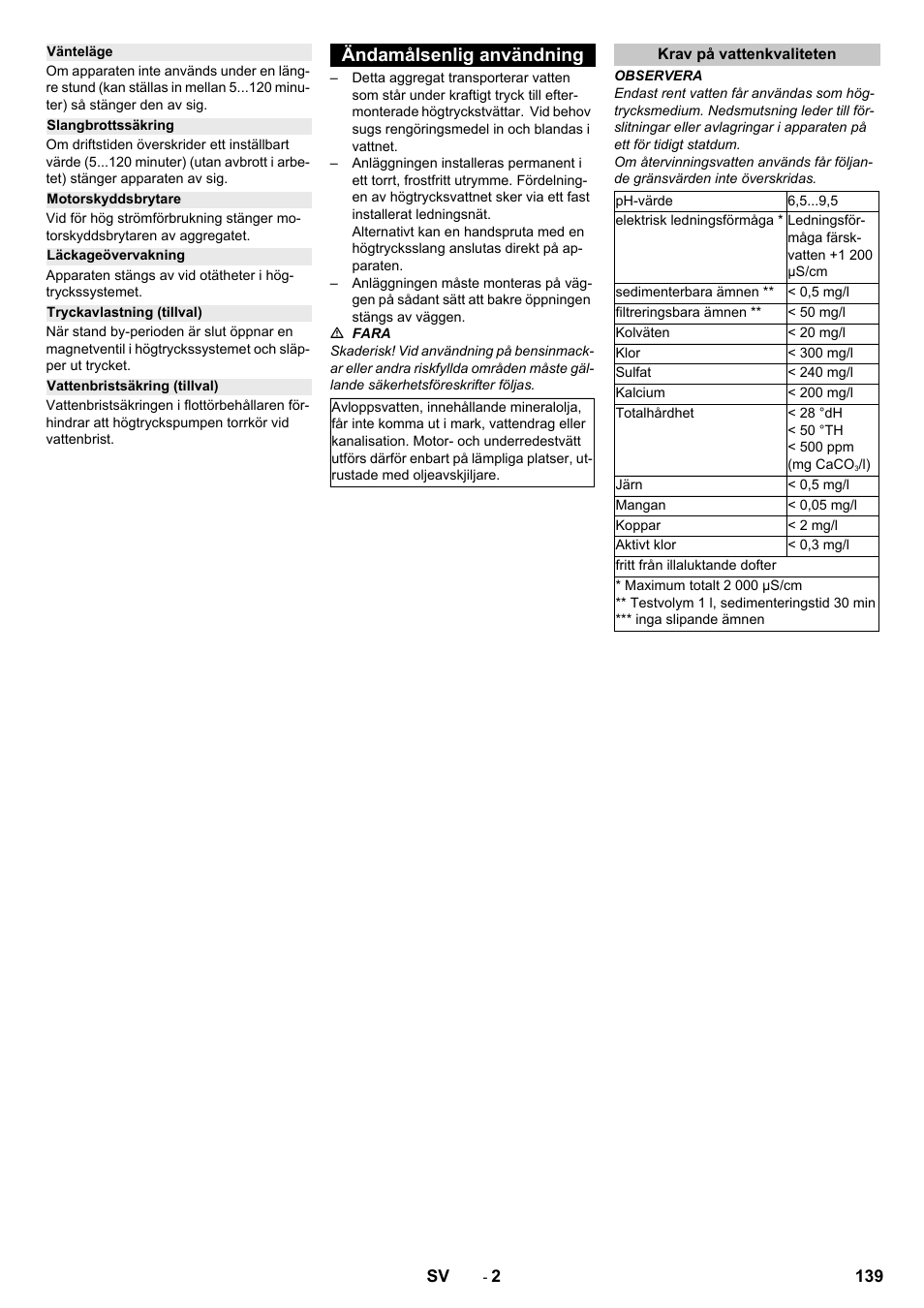 Vänteläge, Slangbrottssäkring, Motorskyddsbrytare | Läckageövervakning, Tryckavlastning (tillval), Vattenbristsäkring (tillval), Ändamålsenlig användning, Krav på vattenkvaliteten | Karcher HD 9-18-4 ST User Manual | Page 139 / 172