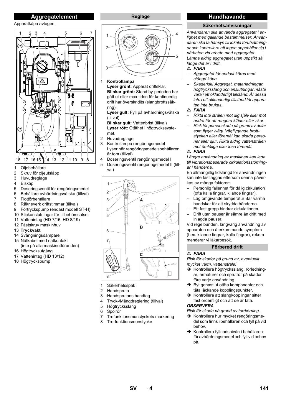 Aggregatelement, Reglage, Handhavande | Säkerhetsanvisningar, Förbered drift | Karcher HD 9-18-4 ST User Manual | Page 141 / 172