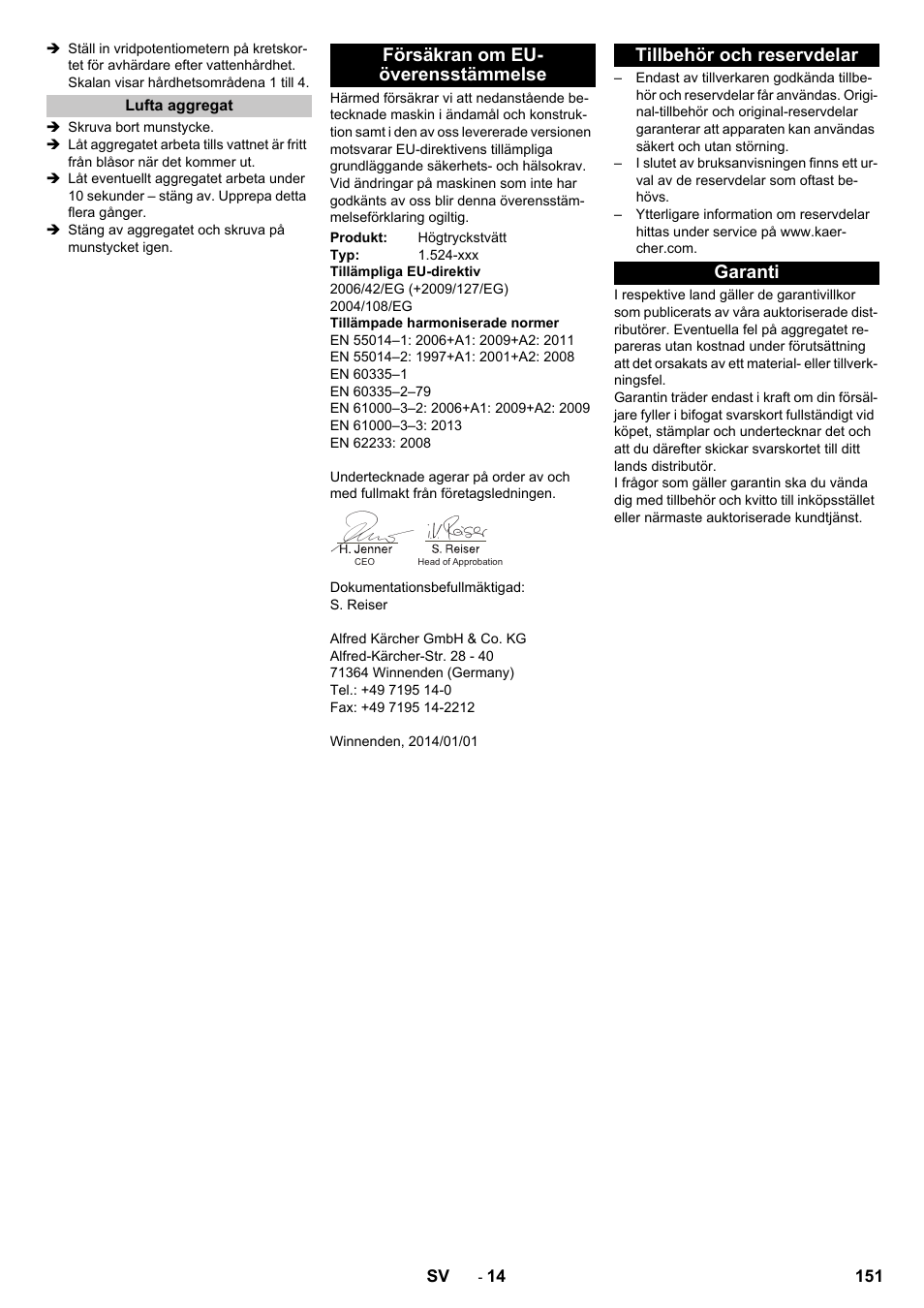 Lufta aggregat, Försäkran om eu- överensstämmelse, Tillbehör och reservdelar | Garanti, Tillbehör och reservdelar garanti | Karcher HD 9-18-4 ST User Manual | Page 151 / 172