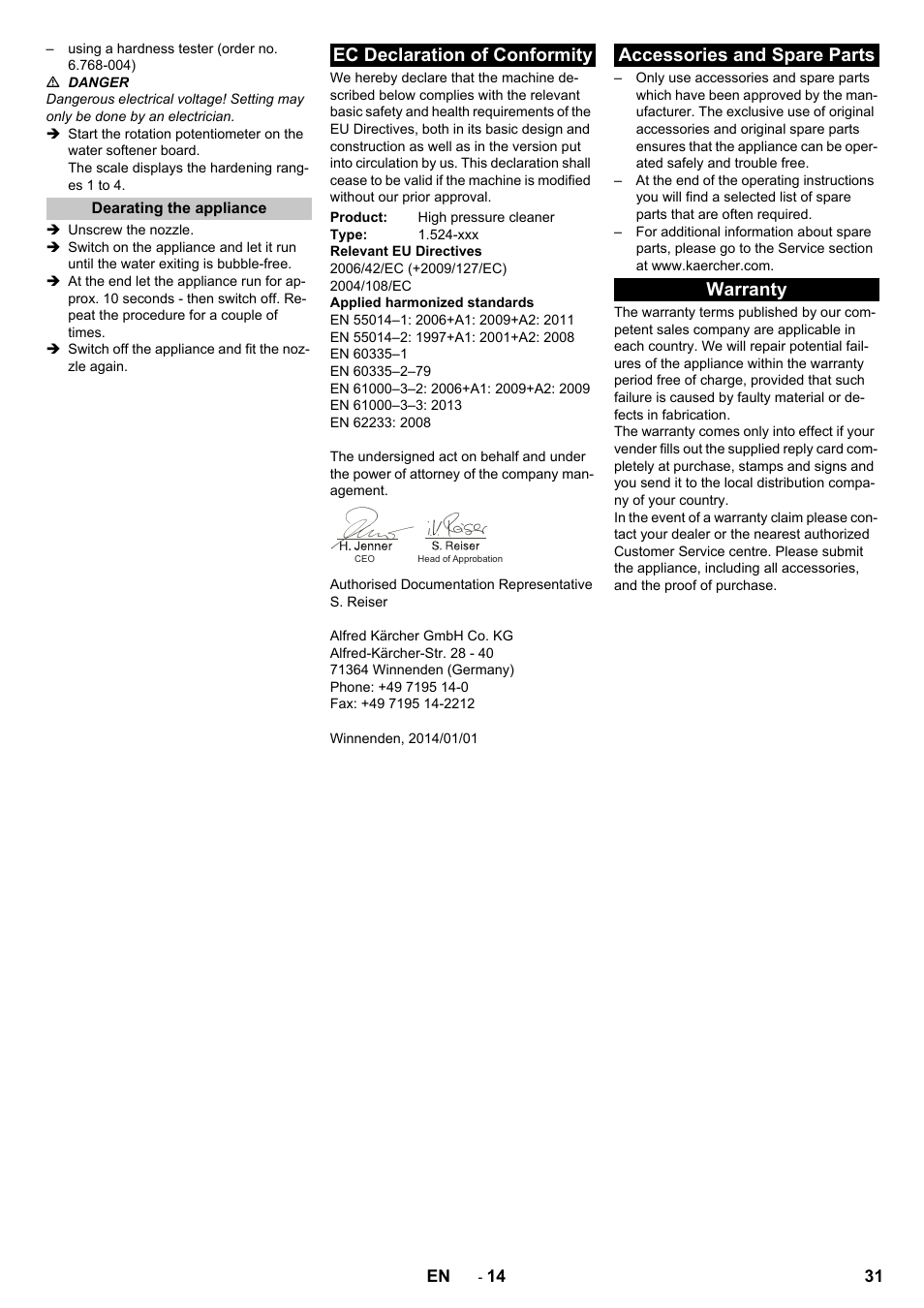 Dearating the appliance, Ec declaration of conformity, Accessories and spare parts | Warranty, Accessories and spare parts warranty | Karcher HD 9-18-4 ST User Manual | Page 31 / 172