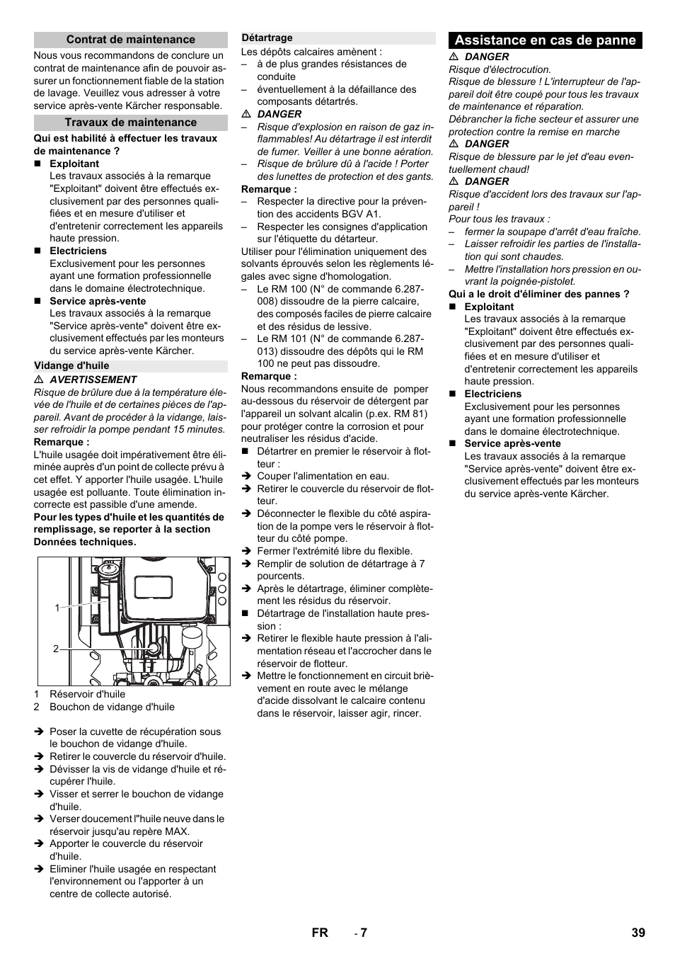 Contrat de maintenance, Travaux de maintenance, Vidange d'huile | Détartrage, Assistance en cas de panne | Karcher HD 9-18-4 ST User Manual | Page 39 / 172