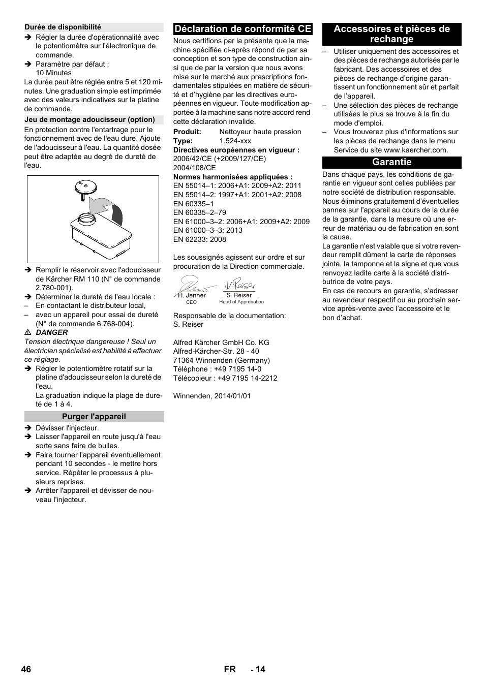 Durée de disponibilité, Jeu de montage adoucisseur (option), Purger l'appareil | Déclaration de conformité ce, Accessoires et pièces de rechange, Garantie, Accessoires et pièces de rechange garantie | Karcher HD 9-18-4 ST User Manual | Page 46 / 172