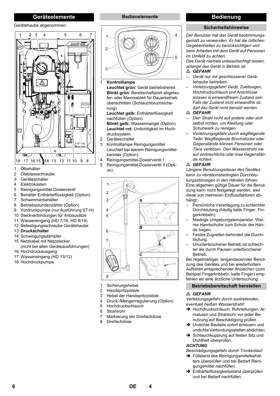 Geräteelemente, Bedienelemente, Bedienung | Sicherheitshinweise, Betriebsbereitschaft herstellen | Karcher HD 9-18-4 ST User Manual | Page 6 / 172