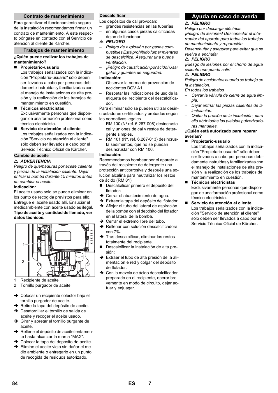 Contrato de mantenimiento, Trabajos de mantenimiento, Cambio de aceite | Descalcificar, Ayuda en caso de avería | Karcher HD 9-18-4 ST User Manual | Page 84 / 172