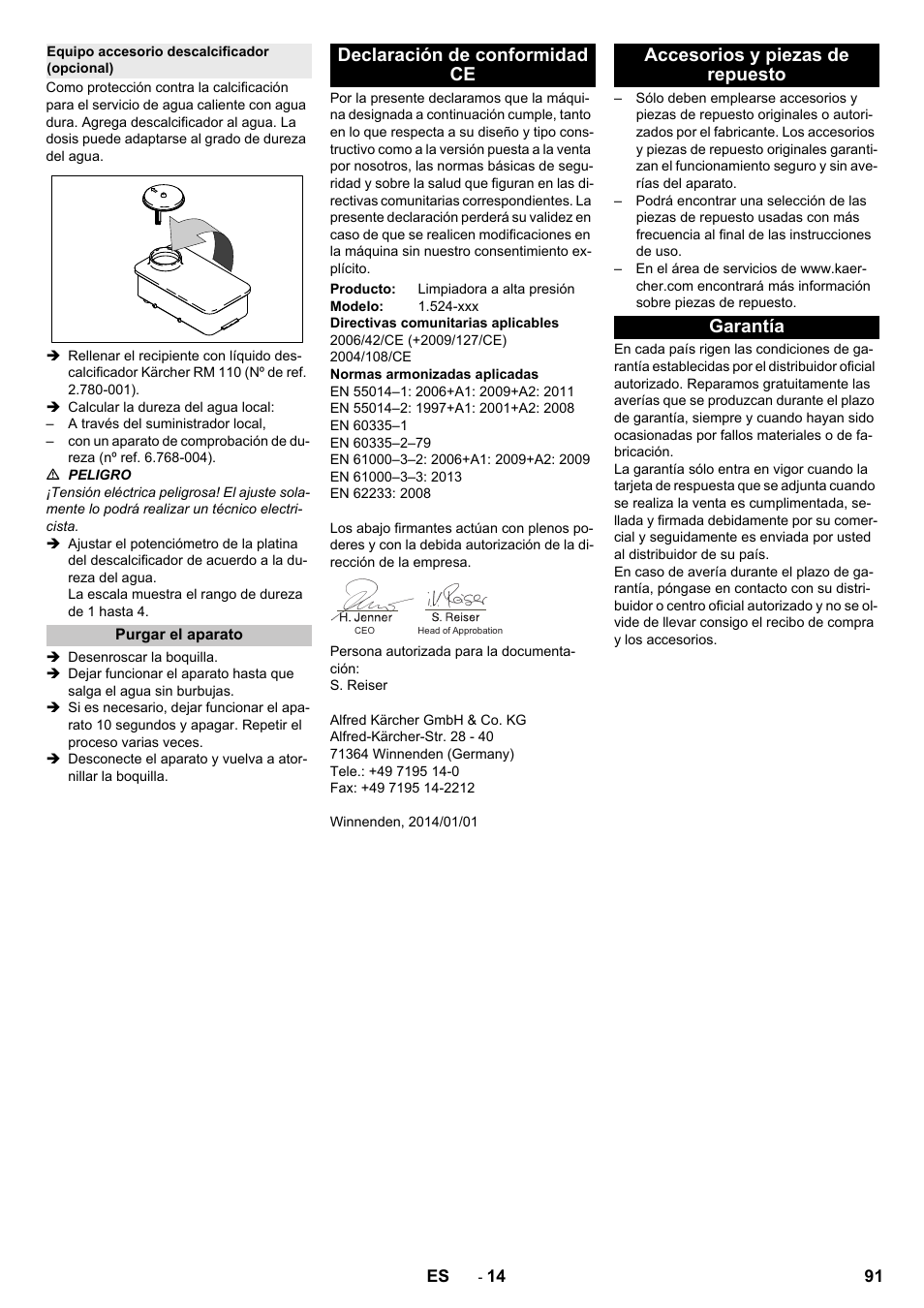 Equipo accesorio descalcificador (opcional), Purgar el aparato, Declaración de conformidad ce | Accesorios y piezas de repuesto, Garantía, Accesorios y piezas de repuesto garantía | Karcher HD 9-18-4 ST User Manual | Page 91 / 172