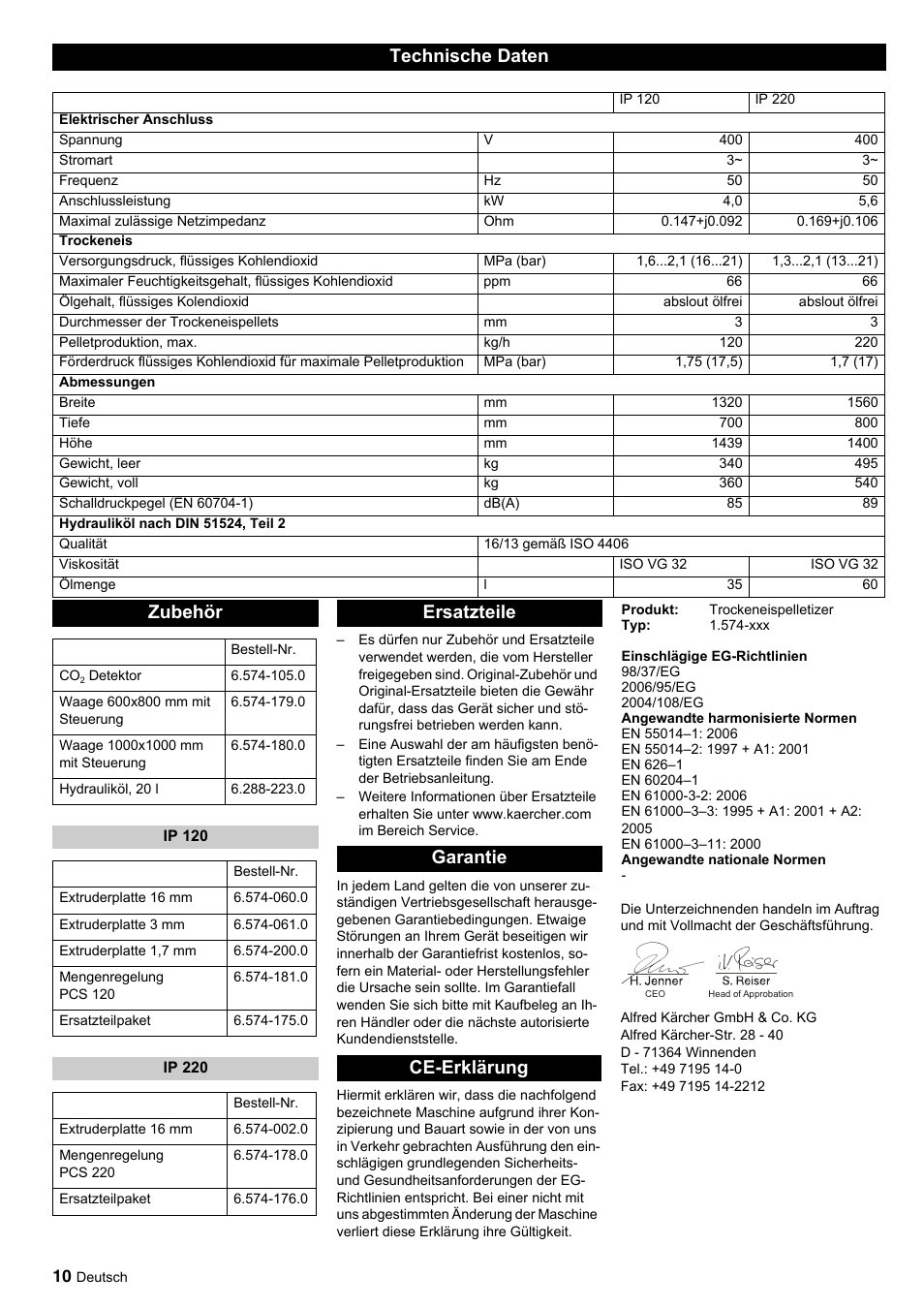 Technische daten, Zubehör, Ersatzteile garantie ce-erklärung | Karcher IP 120 User Manual | Page 10 / 157