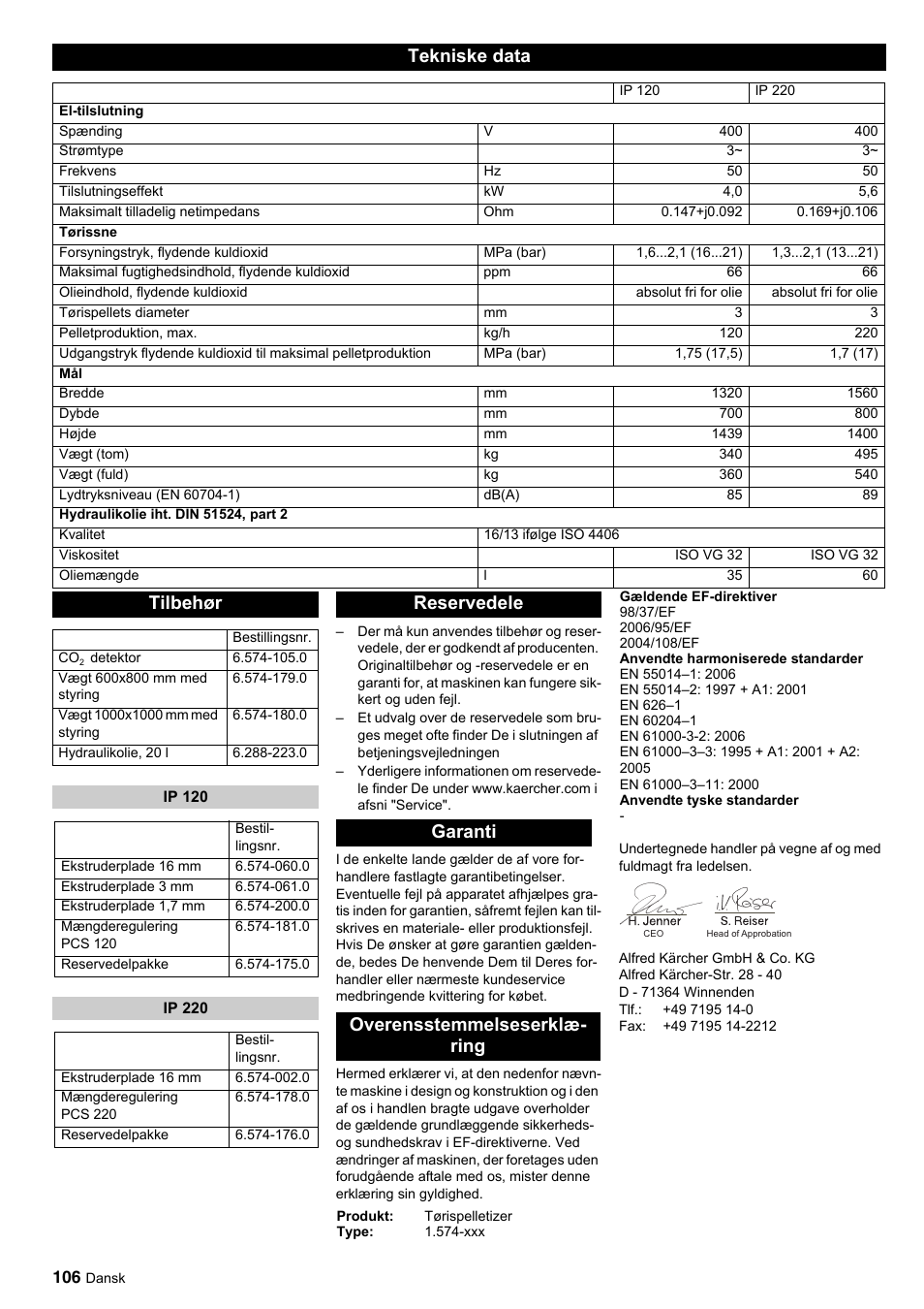Tekniske data, Tilbehør, Reservedele garanti overensstemmelseserklæ- ring | Karcher IP 120 User Manual | Page 106 / 157