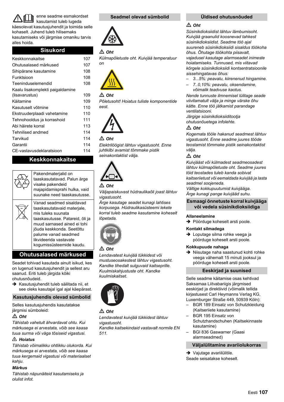 Sisukord keskkonnakaitse, Ohutusalased märkused | Karcher IP 120 User Manual | Page 107 / 157