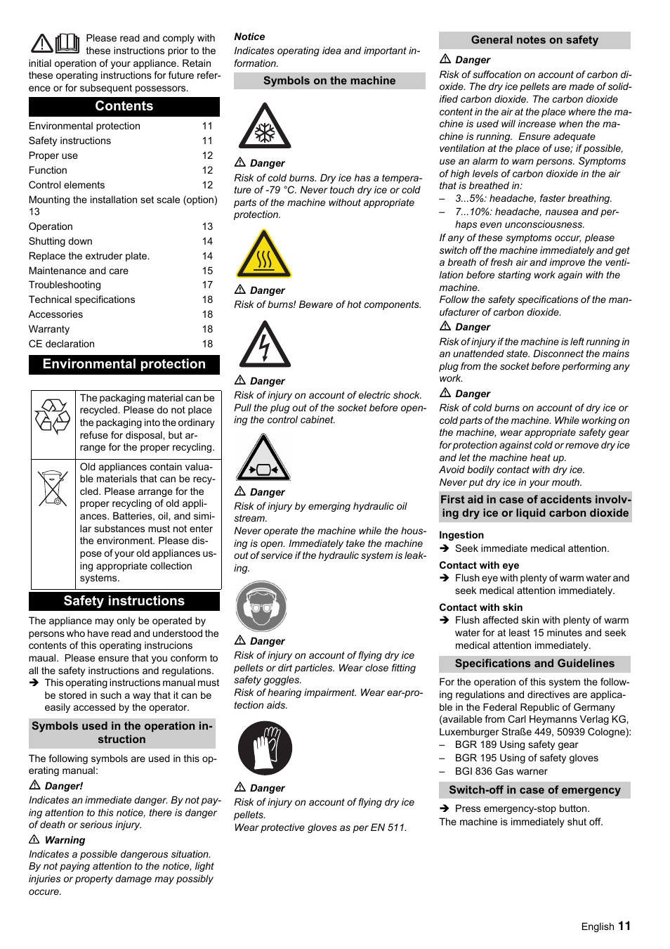 Contents environmental protection, Safety instructions | Karcher IP 120 User Manual | Page 11 / 157
