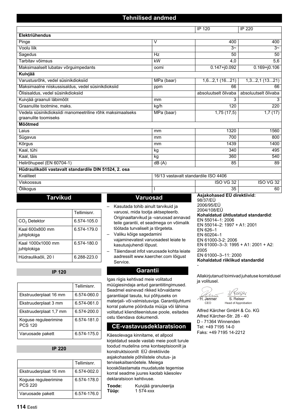 Tehnilised andmed, Tarvikud, Varuosad garantii ce-vastavusdeklaratsioon | Karcher IP 120 User Manual | Page 114 / 157