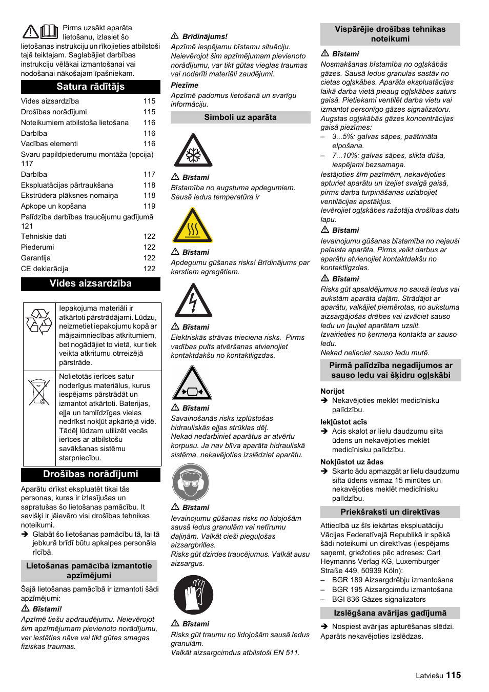 Satura rādītājs vides aizsardzība, Drošības norādījumi | Karcher IP 120 User Manual | Page 115 / 157