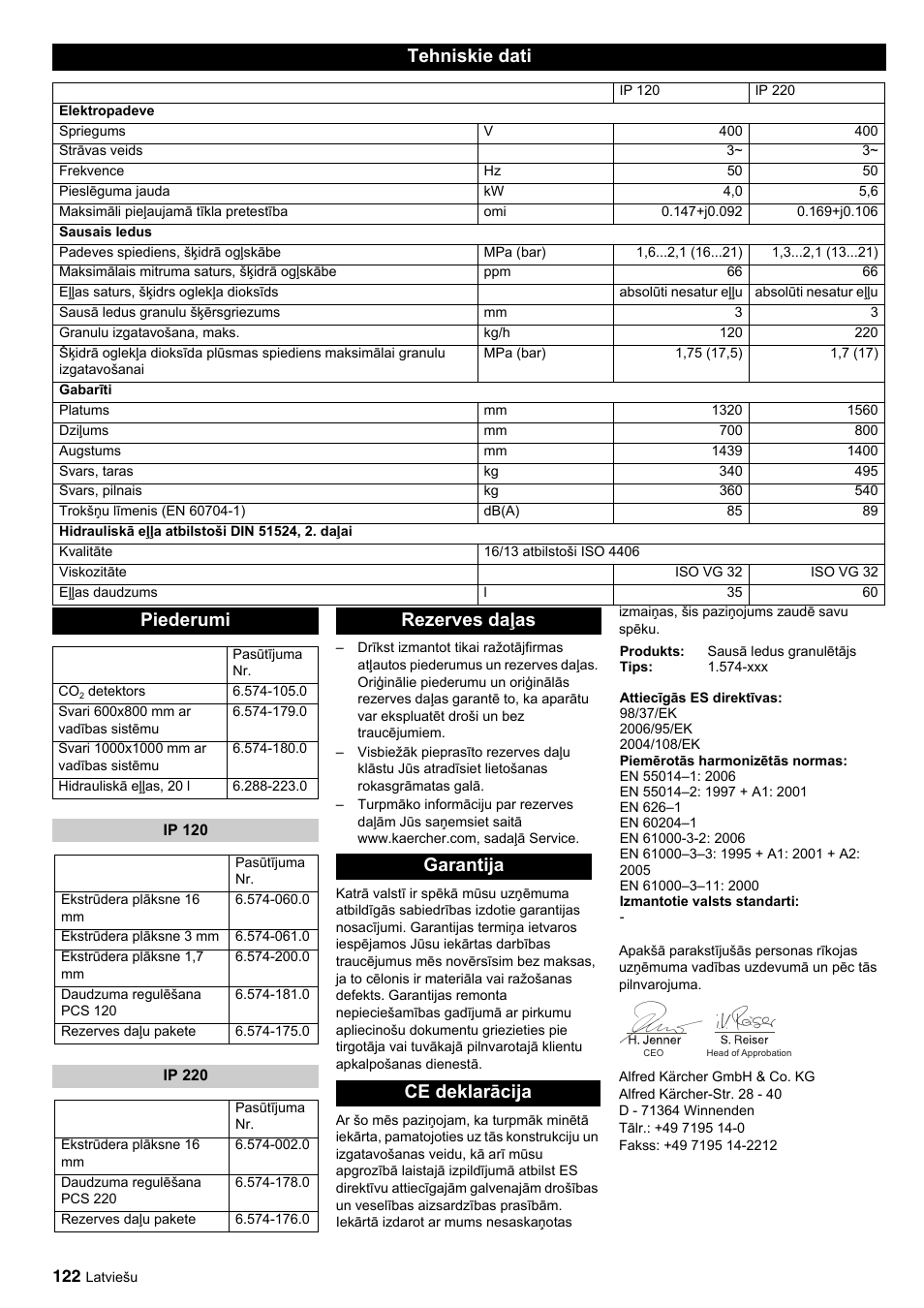 Tehniskie dati, Piederumi, Rezerves daļas garantija ce deklarācija | Karcher IP 120 User Manual | Page 122 / 157