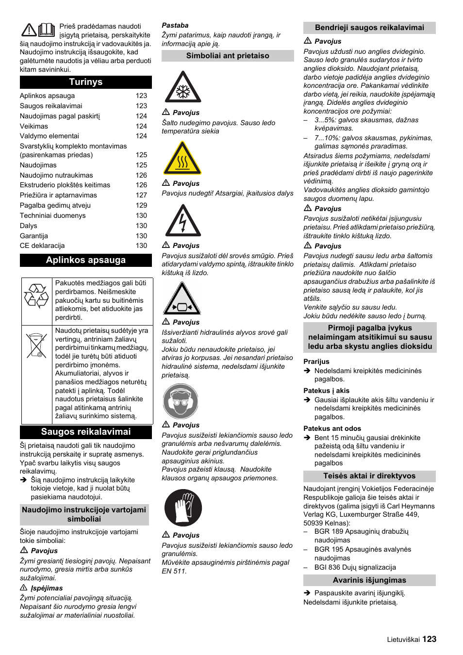 Turinys aplinkos apsauga, Saugos reikalavimai | Karcher IP 120 User Manual | Page 123 / 157